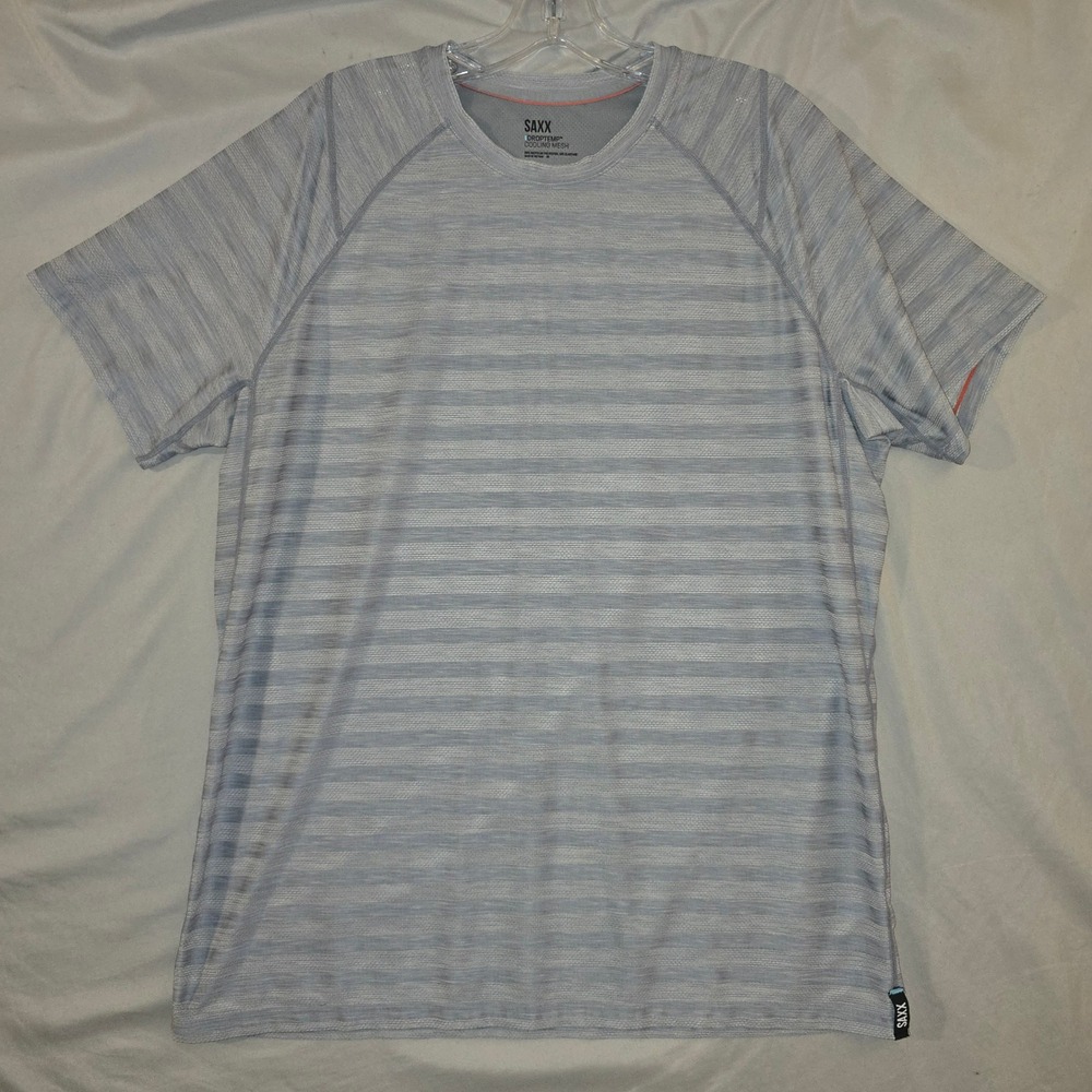 SAXX DropTemp Cooling Mesh T-Shirt Large Mens Grey Striped Athletic Tee